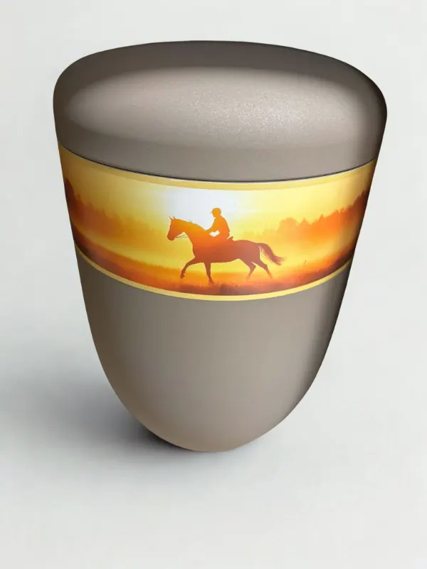 Urne m&eacute;tal taupe, th&egrave;me &eacute;quitation, Pompes Fun&egrave;bres Carbonnier &agrave; Friville-Escarbotin